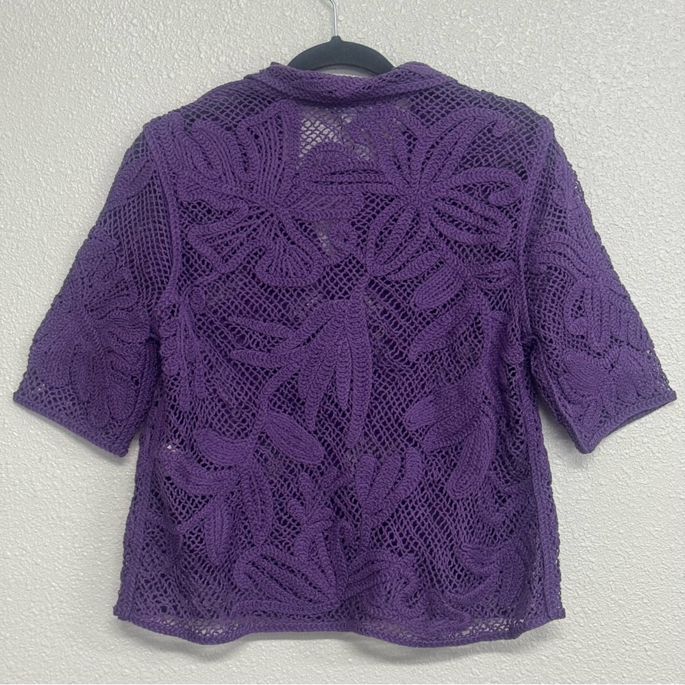 Chicos New Womens M Purple Cotton Blend Palm Frond Crochet Lace Shacket Cardigan - Picture 5 of 10